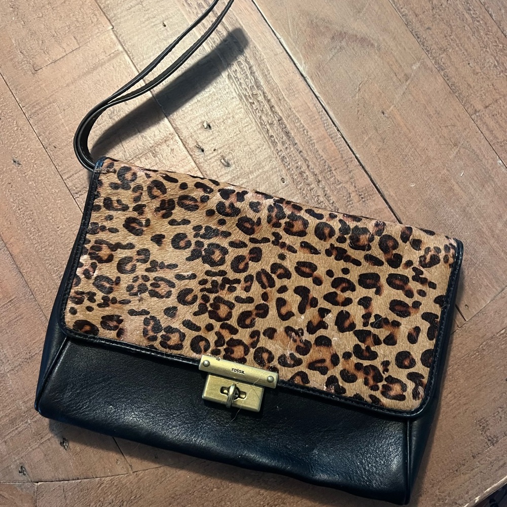 Leopard Print Mohair and Black Leather Clutch